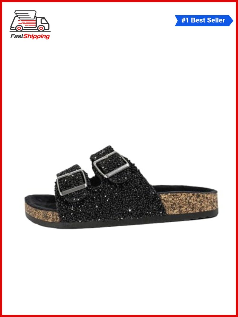 ✨ Womens Cork Footbed Slide Sandals with Sequins & Metal Buckle